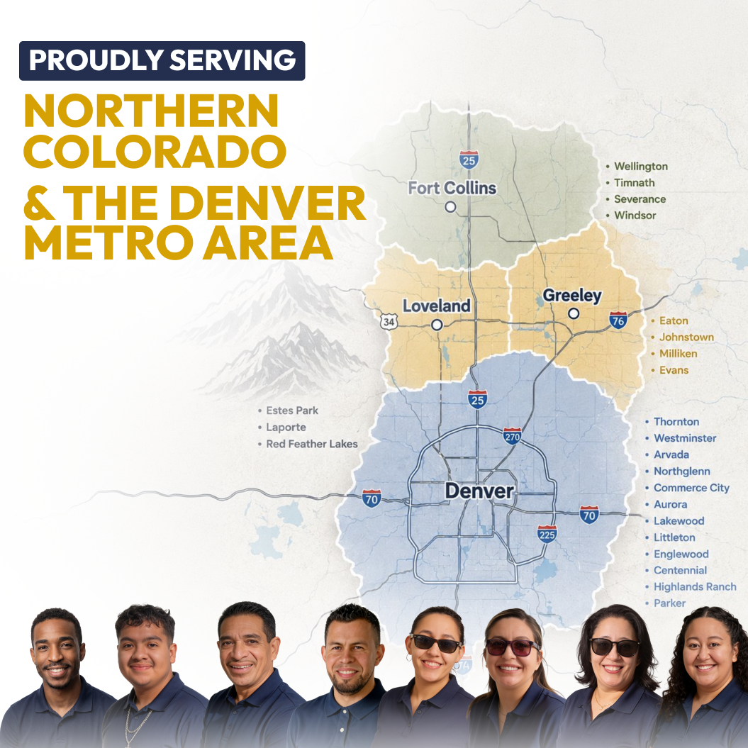 Service area map: Fort Collins area, Loveland and Greeley area, and Metro Denver, with the Bagui team